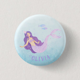 Meerjungfrau Wasserfarbe Lila Süßes Mädchen Geburt Button