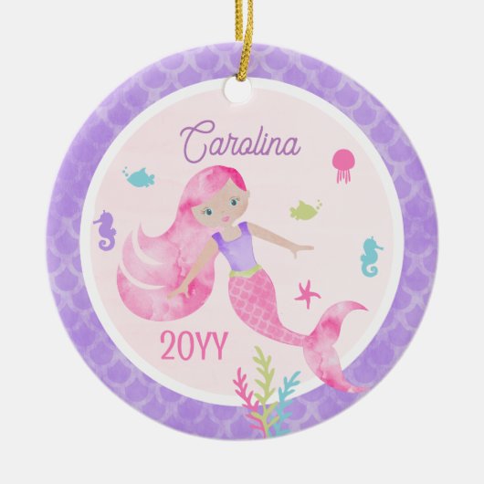 Meerjungfrau Wasserfarbe Rosa und Lila Keepake Keramik Ornament (Vorne)