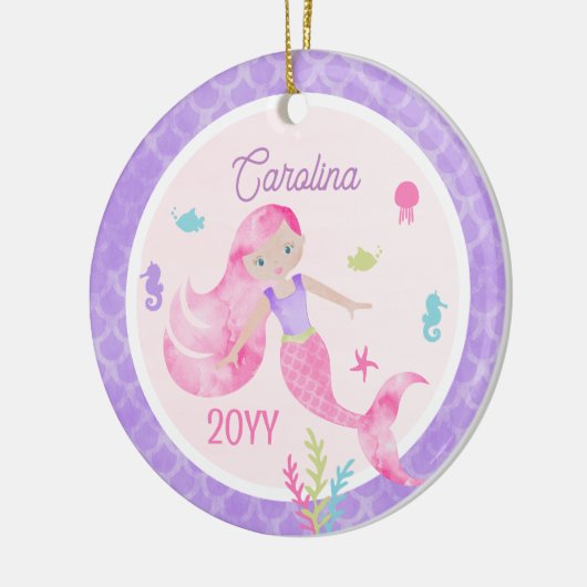 Meerjungfrau Wasserfarbe Rosa und Lila Keepake Keramik Ornament (Links)