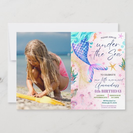 Meerjungfrau Wasserfarbenes Foto Geburtstag unter  Einladung (Vorderseite)
