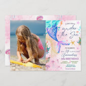 Meerjungfrau Wasserfarbenes Foto Geburtstag unter  Einladung (Vorne/Hinten)