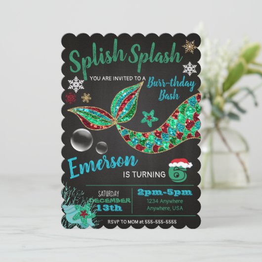 Meerjungfrau, Winter, Weihnachten einladen Einladung (Stehend Vorderseite)