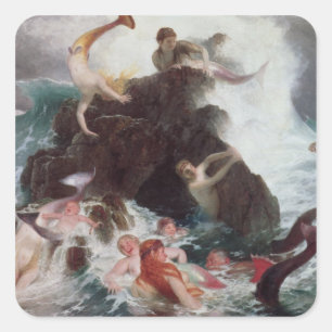 Meerjungfrauen an Spiel, 1886 (Öl auf Leinwand) Quadratischer Aufkleber