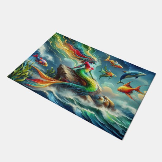 Meerjungfrauen auf Felsen Umgeben von Whimsical 36 Fußmatte (Schrägansicht)