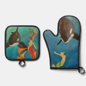 Meerjungfrauen mit Orcas Ofenhandschuh & Topflappen-Set (Vorderseite)