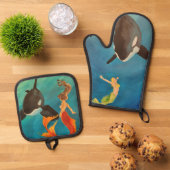 Meerjungfrauen mit Orcas Ofenhandschuh & Topflappen-Set (Oben Unten)