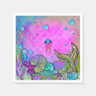 Meerjungfrauen & Muscheln Rosa Glitzerparty Serviette