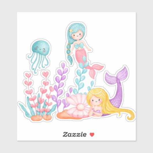 Meerjungfrauen und Quallen Unterwasserfarbe Aufkleber (Blatt)