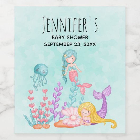 Meerjungfrauen und Quallen Unterwasserfarbe Weinetikett (Einzelnes Label)