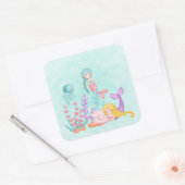 Meerjungfrauen und Quallen Unterwasserfarben Quadratischer Aufkleber (Umschlag)