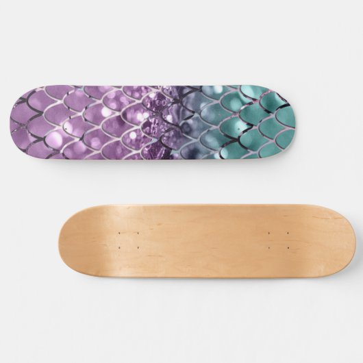Meerjungfrauenskala auf Aqua Lila MERMAID Glitzer Skateboard (Horizontal)