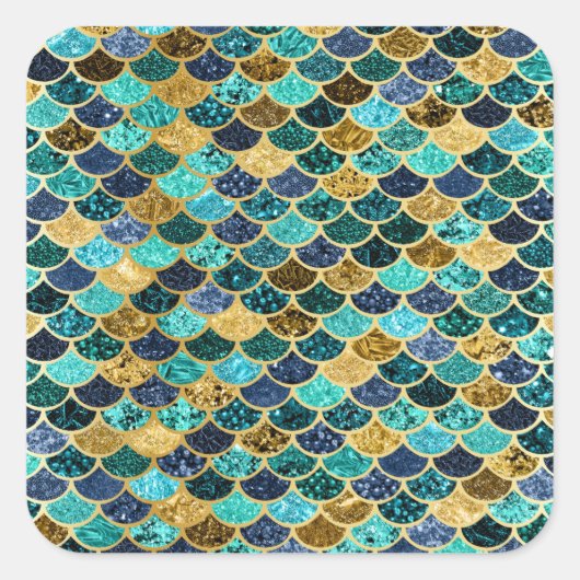 Meerjungfrauenskala Goldmedaille Aquamarin Türkis Quadratischer Aufkleber (Vorderseite)