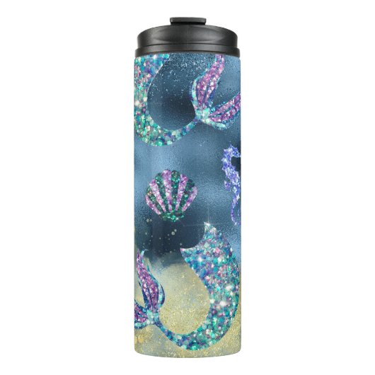 Meerjungfrauenskala in Blau mit Meerpferden Thermosbecher (Vorderseite)