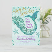 Meerjungfraupool-Partygeburtstag, aquamarines Gold Einladung (Stehend Vorderseite)