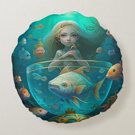 Meerjungfrauschwimmen nach Fischen Rundes Kissen (Rückseite)