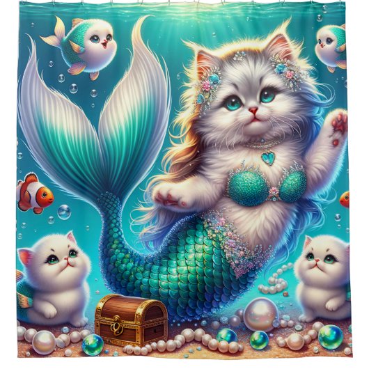 "Meerjungkatze mit Kätzchen - Whimsical Water Art" Duschvorhang (Vorderseite)