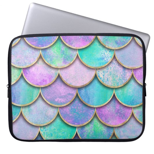 Meerjungwaagen: Wasserfarbenwellenmuster. Laptopschutzhülle (Vorderseite)