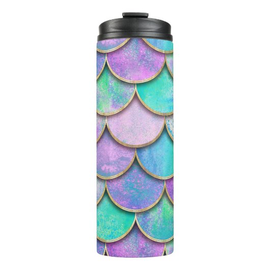 Meerjungwaagen: Wasserfarbenwellenmuster. Thermosbecher (Vorderseite)