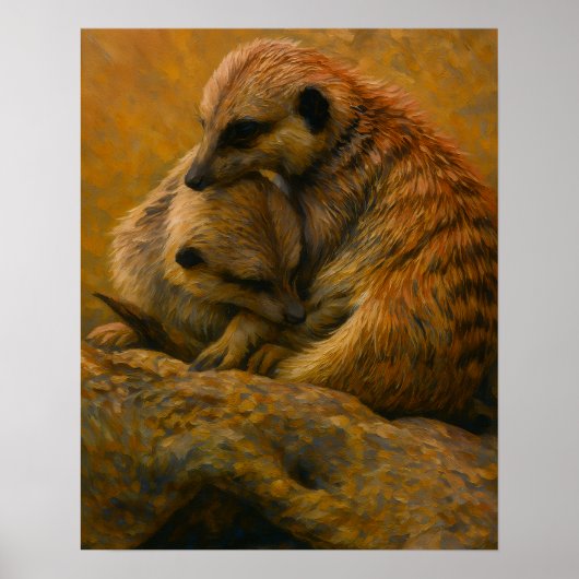Meerkat Cuddle - erdgetönte Malerei auf wild leben Poster (Vorne)