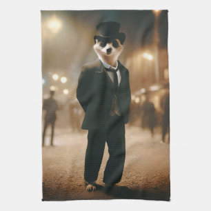 Meerkat, das für Veranstaltungen in der Schwarzen Geschirrtuch