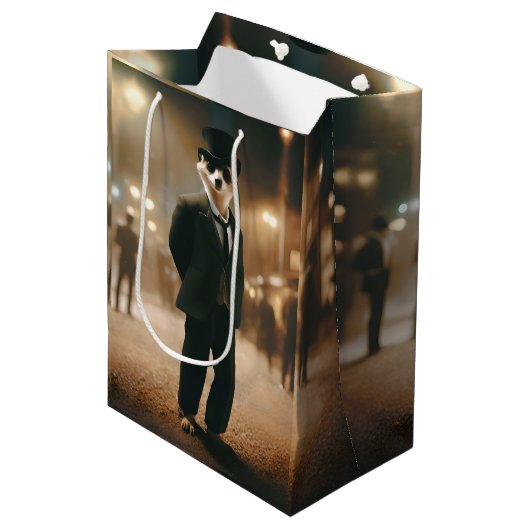 Meerkat, das für Veranstaltungen in der Schwarzen  Mittlere Geschenktüte (Vorderseite Schrägansicht)