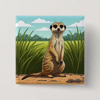 Meerkat standing alert in a field of grass button