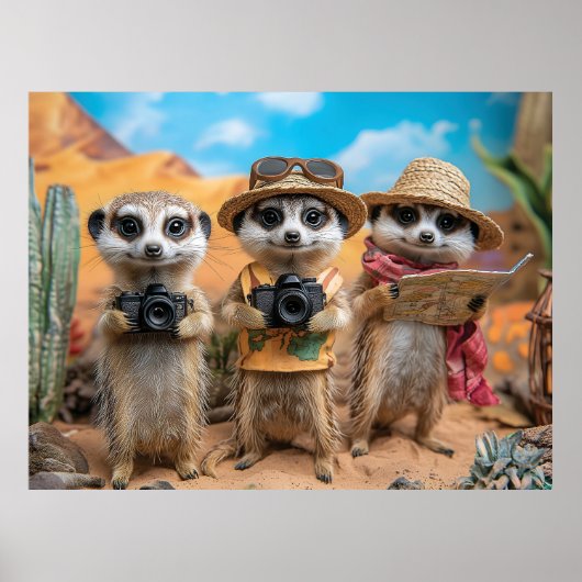 Meerkats als Touristen mit Kameras und Karten verk Poster (Vorne)
