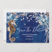 Meerpferd Aquarell Muscheln Strand Ozeanorange Save The Date (Vorderseite)