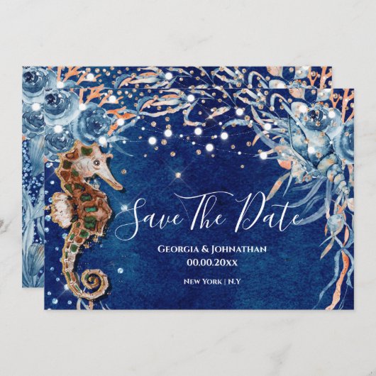 Meerpferd Aquarell Muscheln Strand Ozeanorange Save The Date (Vorne/Hinten)