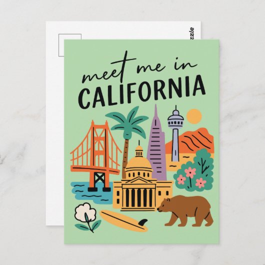 Meet Me In California Golden Gate Bear Retro Postkarte (Vorne/Hinten)