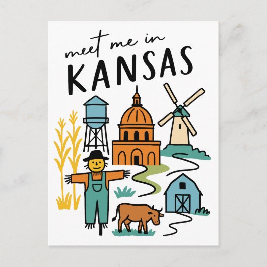 Meet Me In Kansas Retro Farm Scarecrow Windmill Postkarte (Vorderseite)