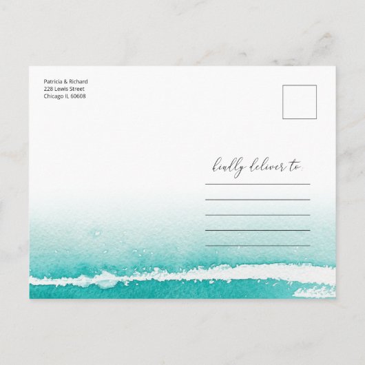 Meet Us In Destination Wedding Teal Save The Date Postkarte (Rückseite)