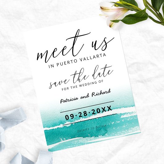 Meet Us In Destination Wedding Teal Save The Date Postkarte