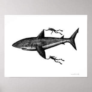 Megalodon shark and divers cool ink pen drawing poster