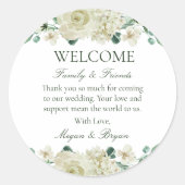 Megan White Floral Wedding Welcome Bag Runder Aufkleber (Vorderseite)