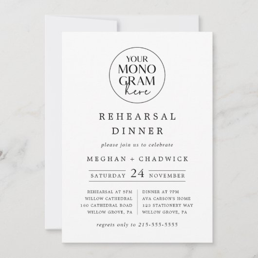 MEGHAN Monogram Schwarz-weiß Boho Probe Abendessen Einladung (Vorderseite)