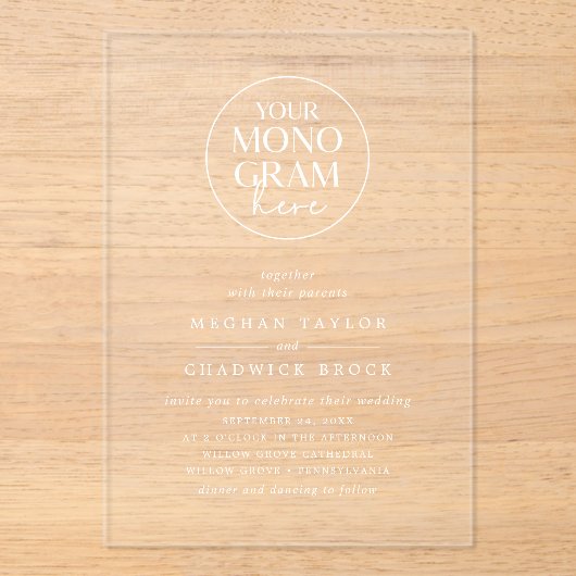 MEGHAN White Unique Simple Chic Monogram Wedding Acryleinladungen (Vorderseite)