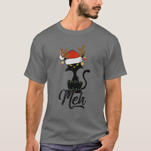 Meh Black Cat Christmas T-Shirt (Vorderseite)