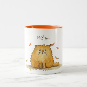 Meh…/traurige Watercolor-Katze mit Herbst-Blätt Zweifarbige Tasse