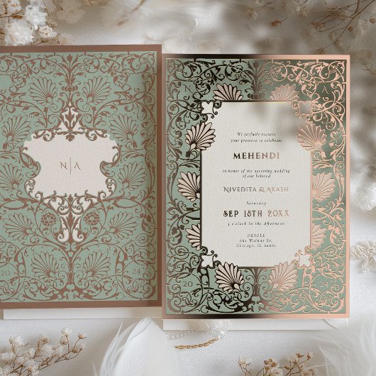 MEHENDI Zeremonie Rose Gold Foil Akzente Hochzeit Folieneinladung
