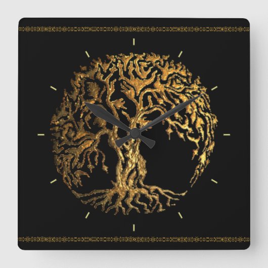 Mehndi Baum des Lebens (Gold) Quadratische Wanduhr (Vorderseite)