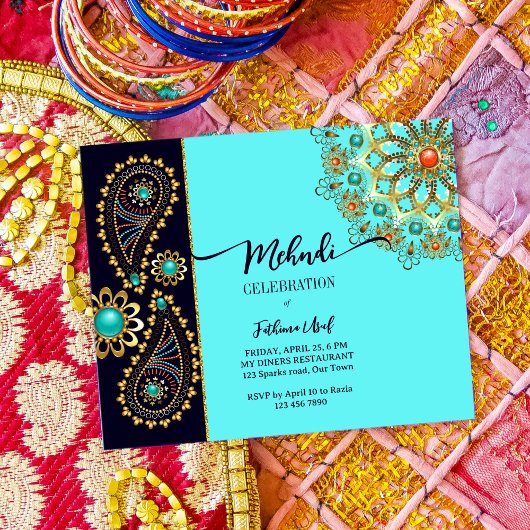 Mehndi Blue Gold Schmuck Paisley Haushaltseinladun