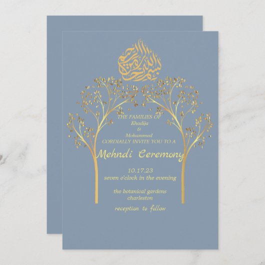 Mehndi Floral elegante DUSTY BLUE muslime wedung Einladung (Vorne/Hinten)