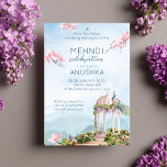 Mehndi-Indianerpfauenpfauenblau Einladung<br><div class="desc">Mehndi indische Hochzeitpfau staubblaue Vorlage Einladung sofortigen Download. Pfau sitzend auf einem Garten Pavillon blauen Berge Landschaft rosa Apfel blüht oben</div>