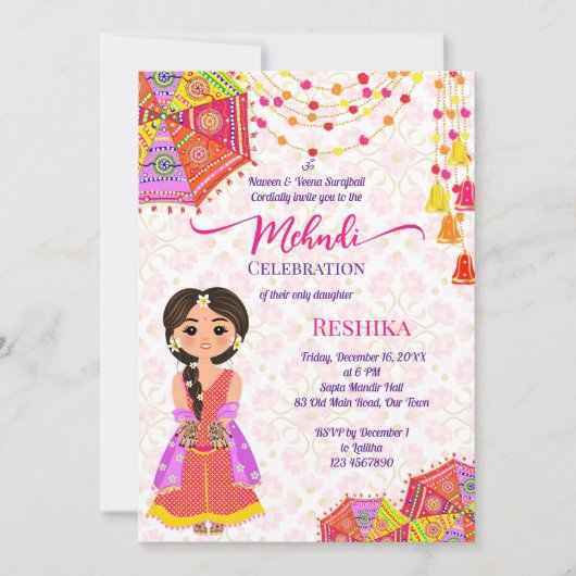 Mehndi niedliche indische Henna Brautschirm Rosa Einladung (Vorderseite)