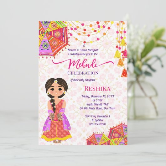 Mehndi niedliche indische Henna Brautschirm Rosa Einladung (Stehend Vorderseite)