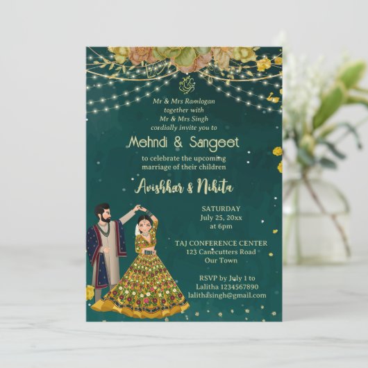 Mehndi sangeet grün tanzen indisches Brautpaar Einladung (Stehend Vorderseite)