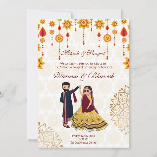 Mehndi sangeet laden niedliches indisches Paar ein Einladung (Vorderseite)