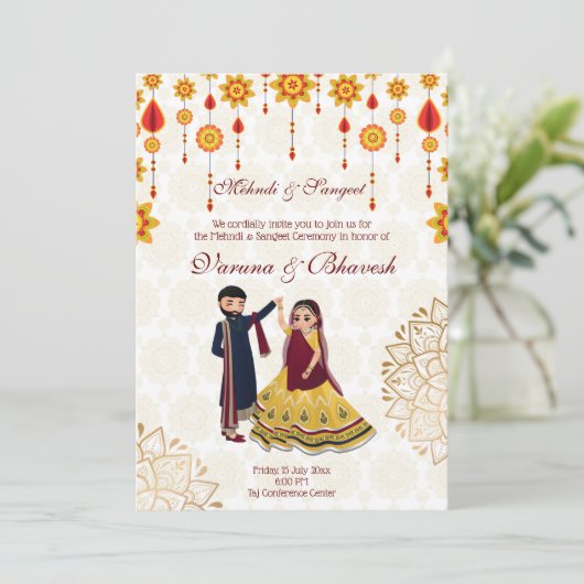 Mehndi sangeet laden niedliches indisches Paar ein Einladung (Stehend Vorderseite)