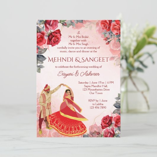 Mehndi Sangeet rote Rosen Indianertänzerin Einladung (Stehend Vorderseite)